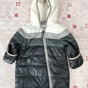 9 months Infants Snowsuit, Footed Black, White, Grey Accents. Vintage Look.
